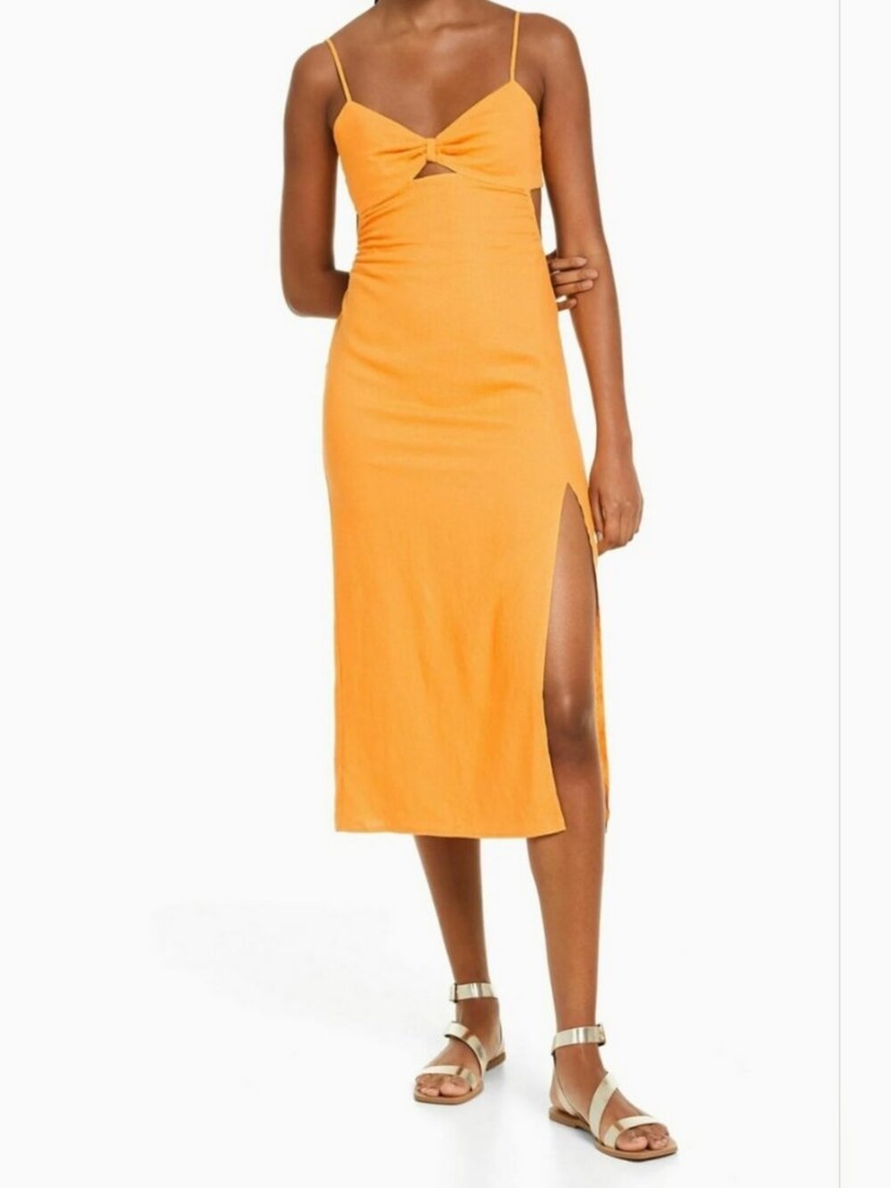 Bershka Cocktail Midi Orange Yellow Linen Dress size XS